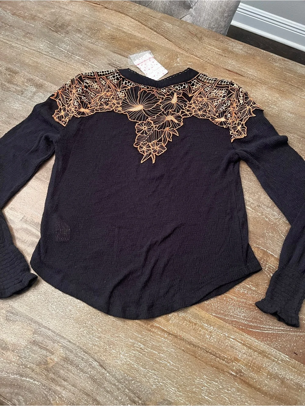 Free People Black Long-Sleeve Henley with Orange Floral Lace Yoke